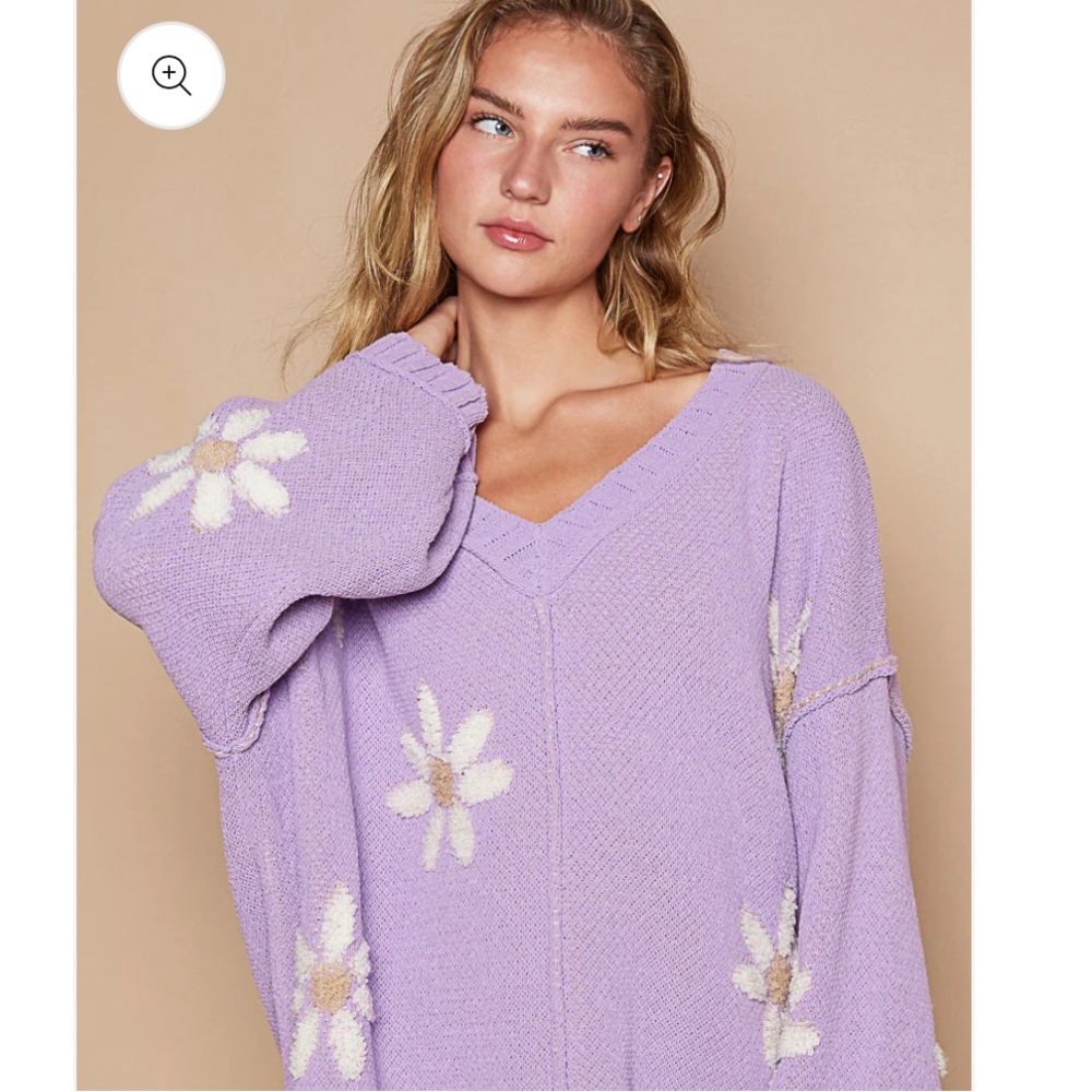 POL Purple V-Neck Sweater with White Daisies - Picture 2 of 7